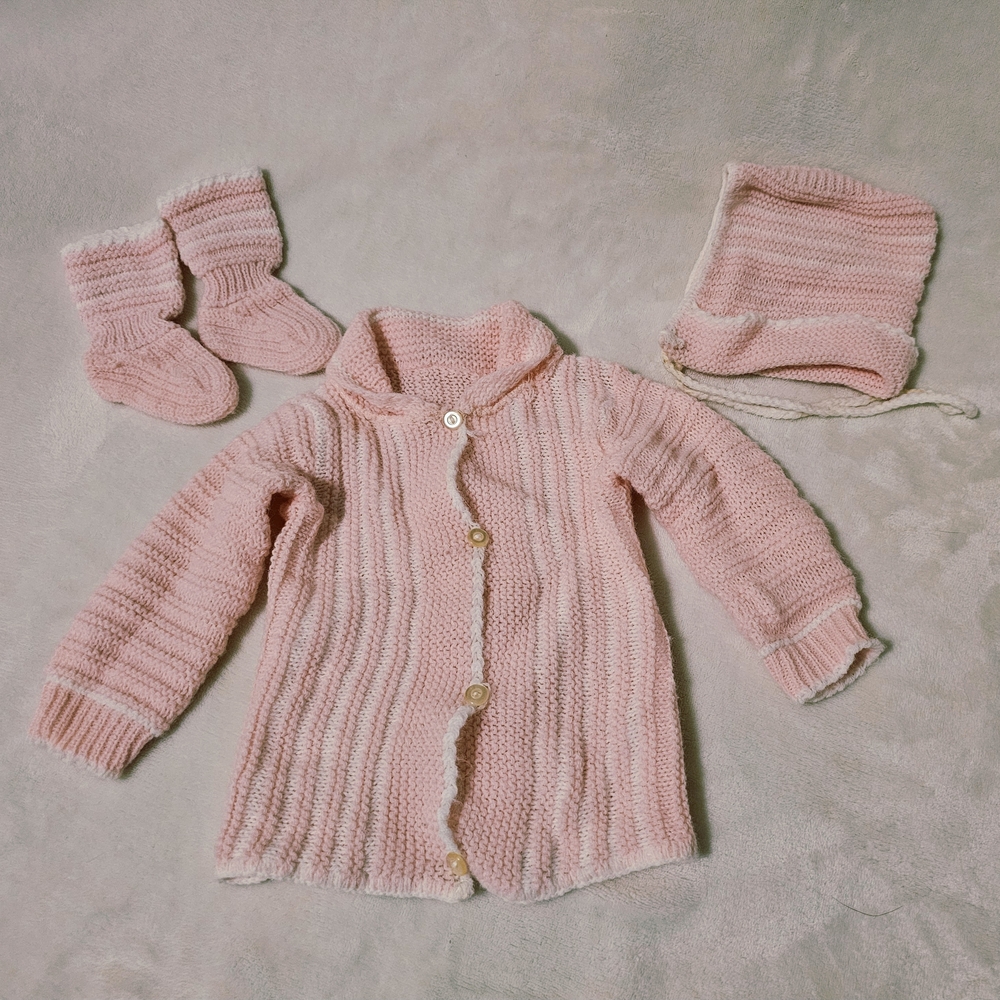 Hand-Knit Pink Baby Cardigan Set - Sweater, Booties & Bonnet